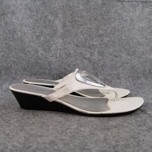 Kate Ann Shoes Womens 8 Sandals Wedge Heel Slip On Thong White Metallic Classic